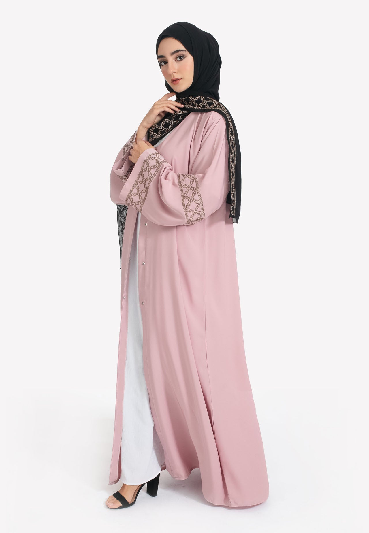 Blush Pink Open Abaya | Geometric Embroidery | Luxury Nida Fabric