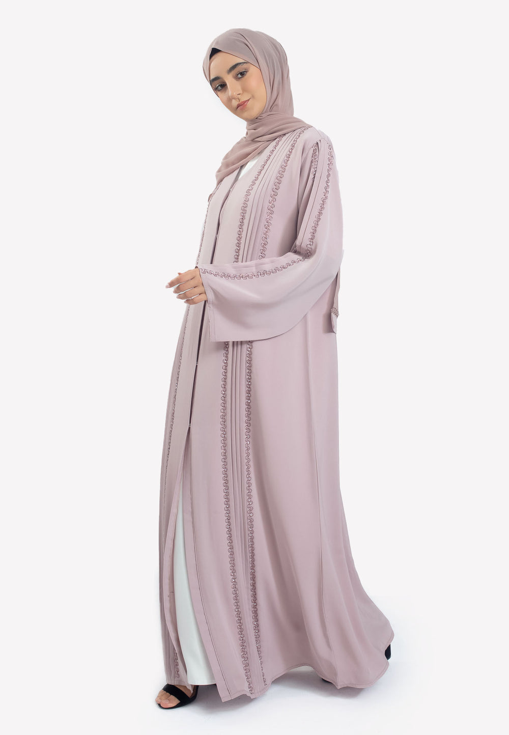 Side - Blush Pink Open Abaya with Pleats