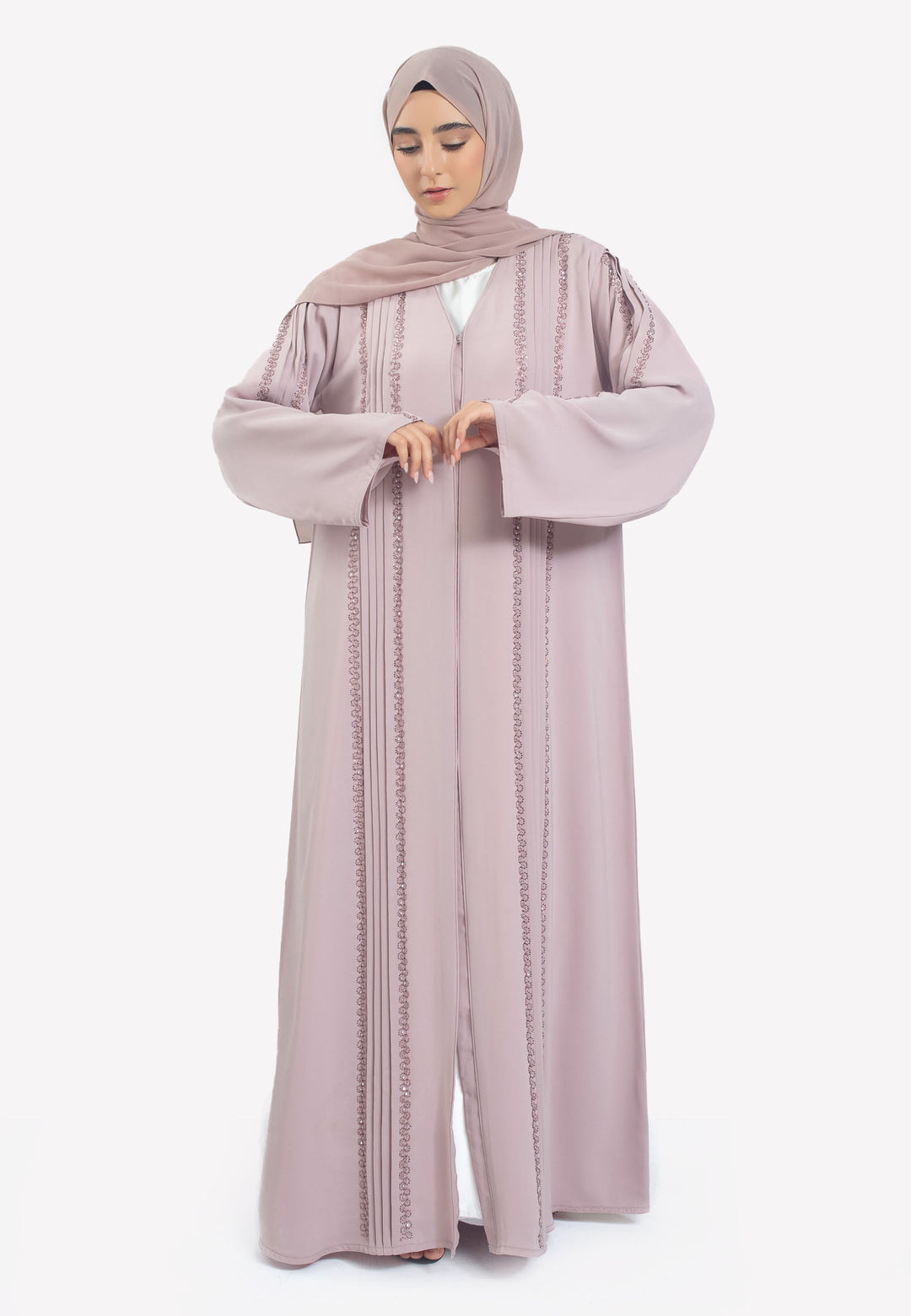 Front - Blush Pink Open Abaya with Pleats