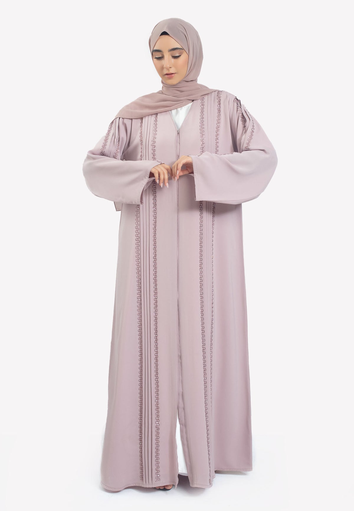 Front - Blush Pink Open Abaya with Pleats