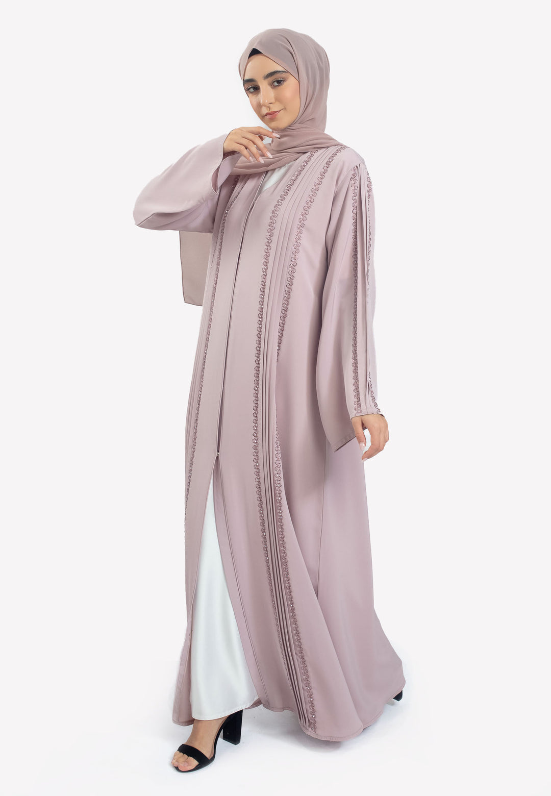 Blush Pink Open Abaya with Pleats