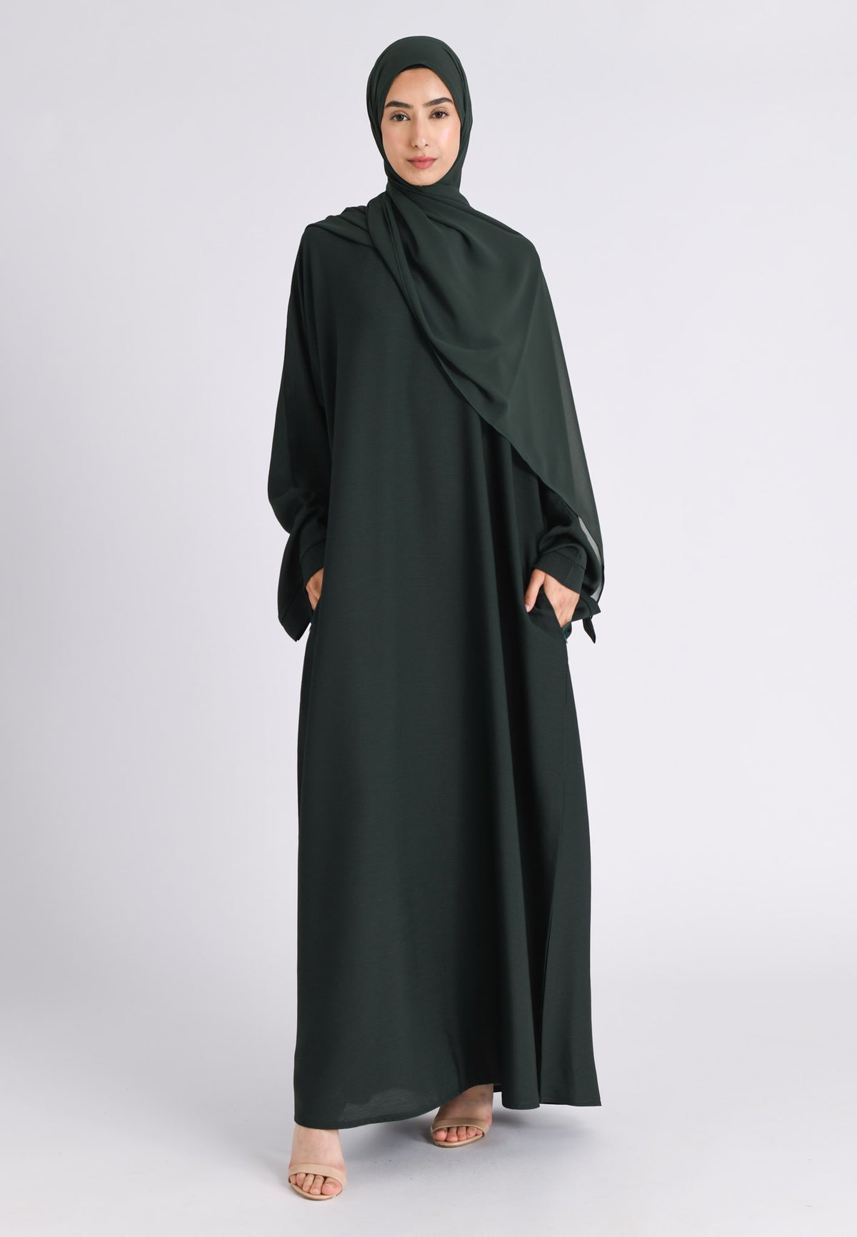 Bottle Green Textured Abaya With Zip Pockets