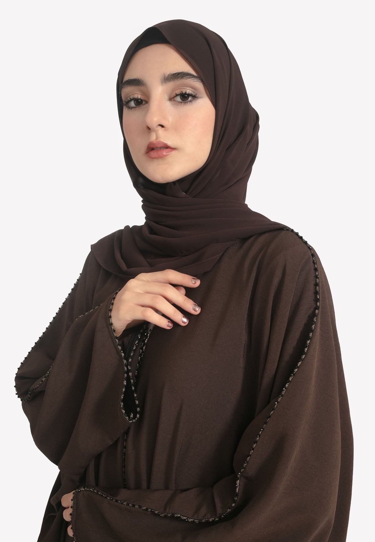 Brown Textured Closed Farasha with Dainty Embellishments Hayah Al-Muslimah