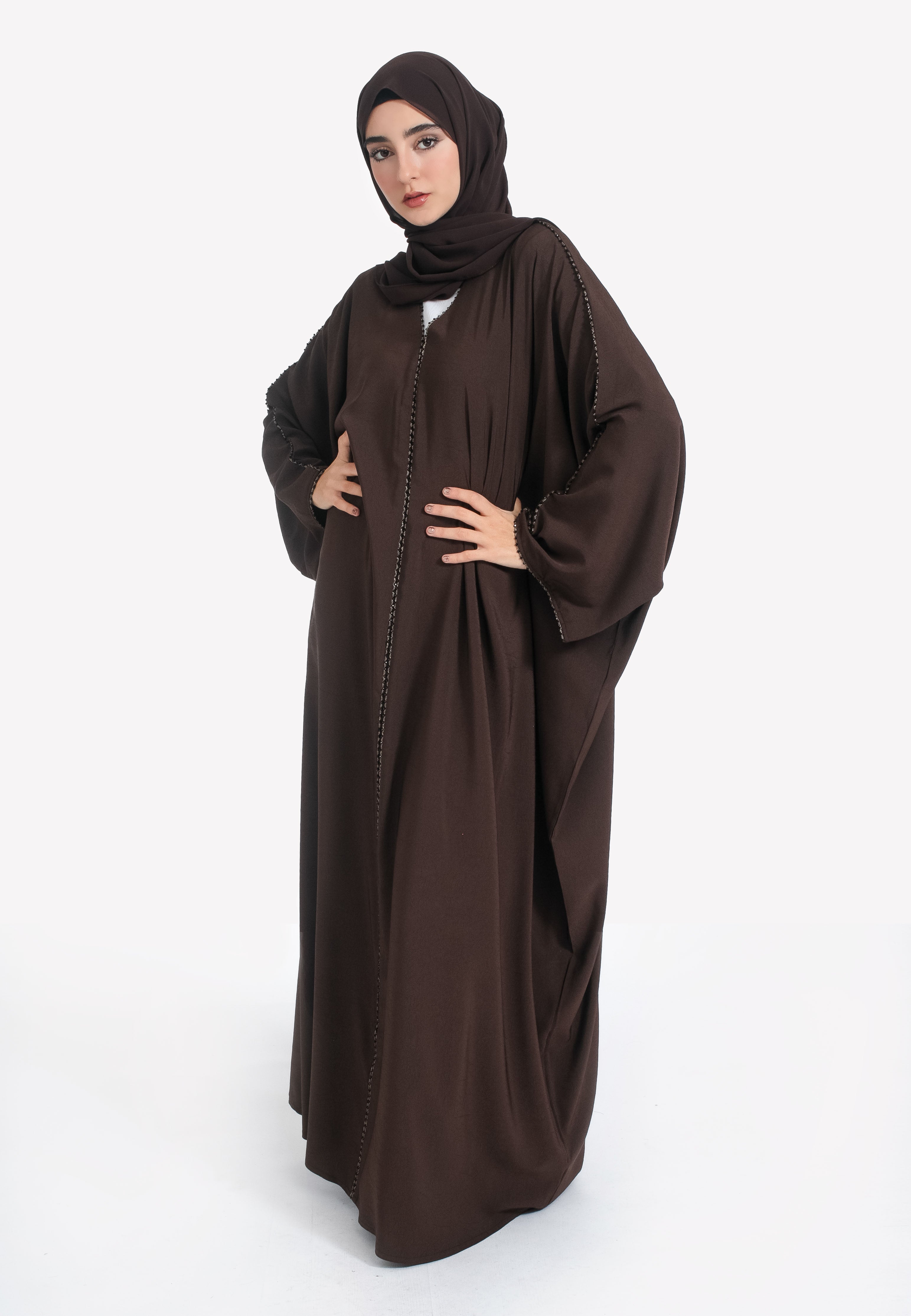 Brown Textured Closed Farasha with Dainty Embellishments | Hayah Al ...