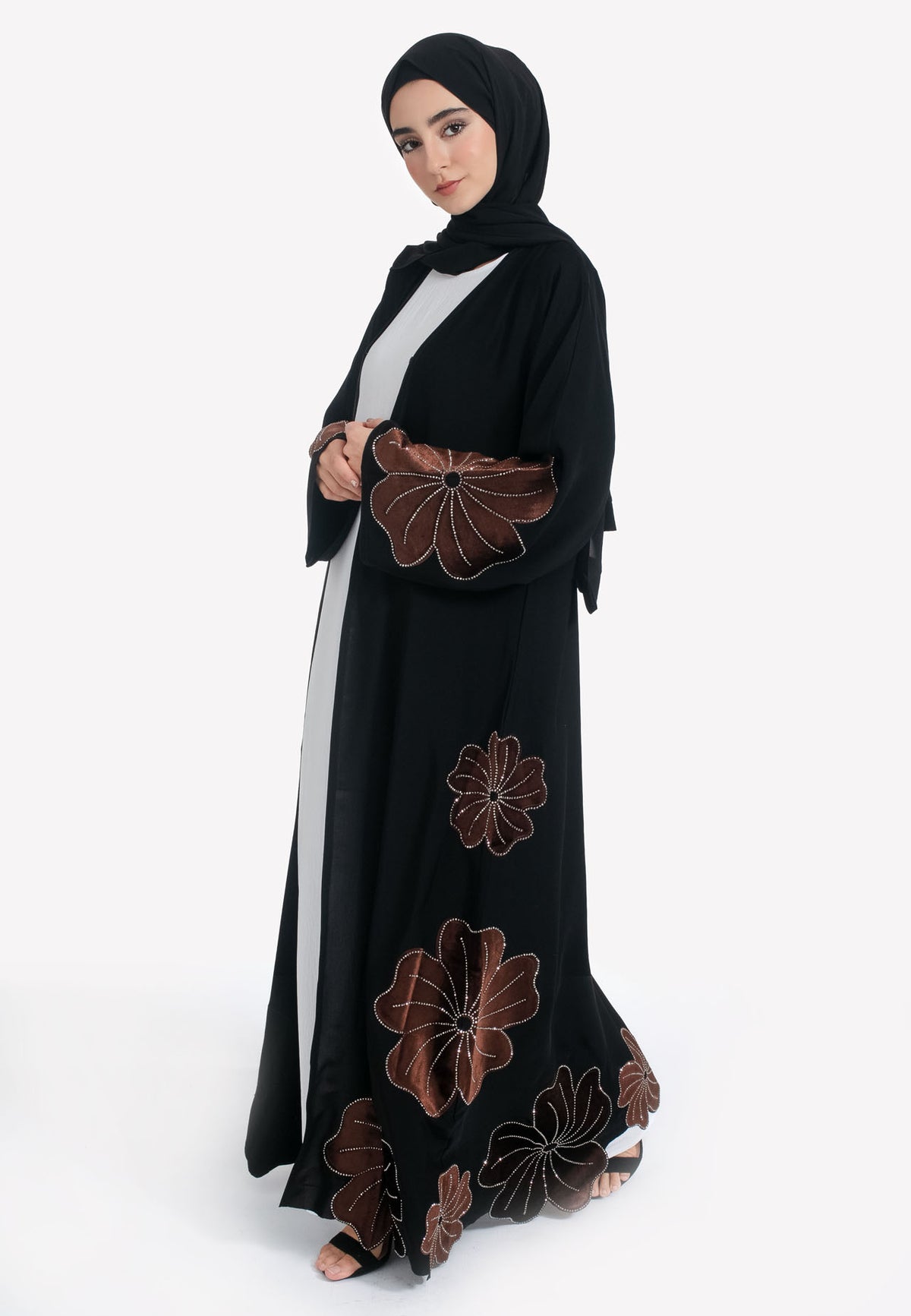 Brown Velvet Geranium Abaya - Side