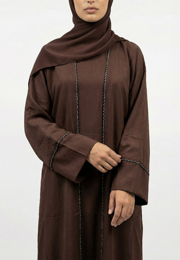 Mahogany Four-Piece Open Abaya Set With Dainty Detailing