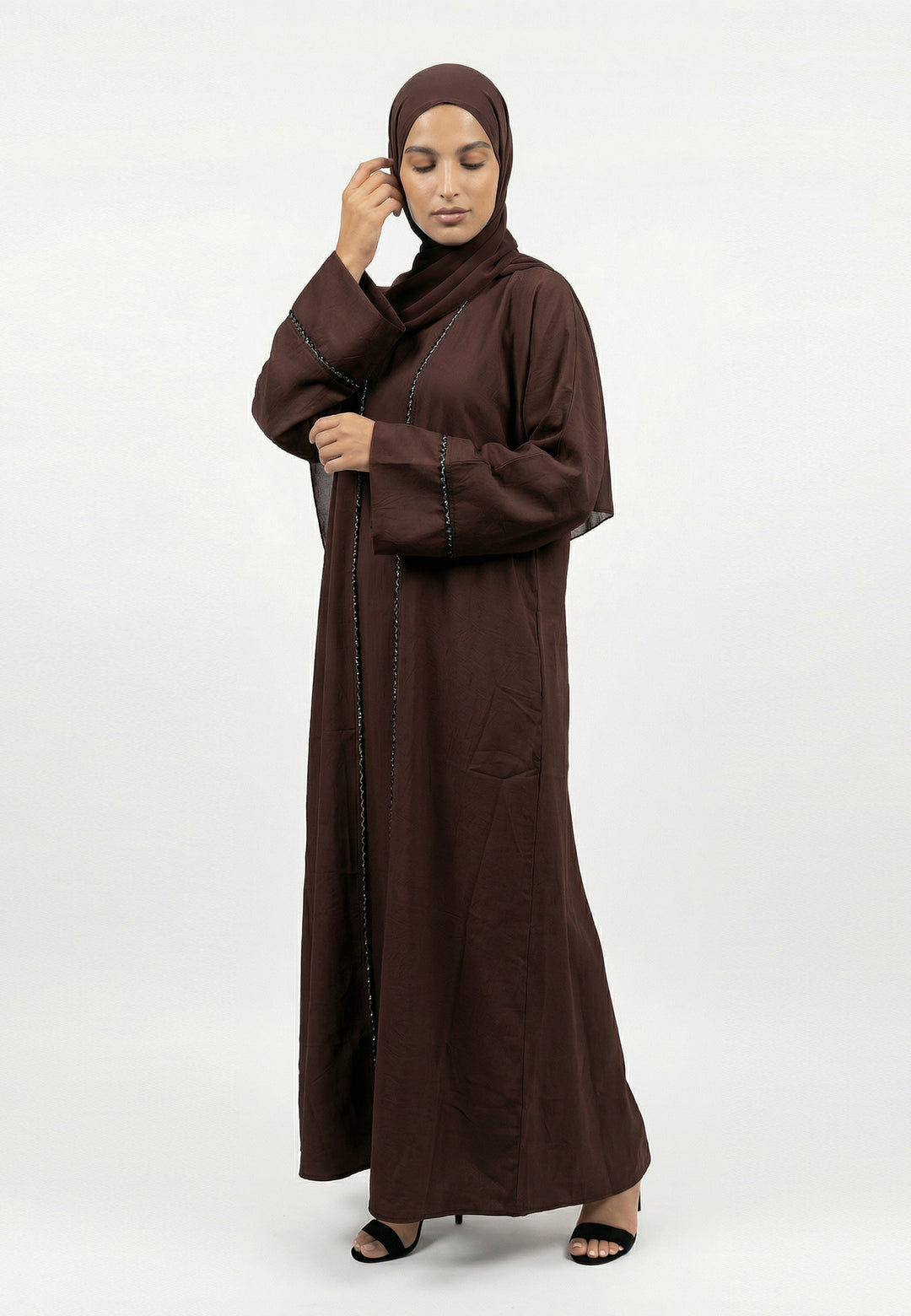 Mahogany Four-Piece Open Abaya Set With Dainty Detailing