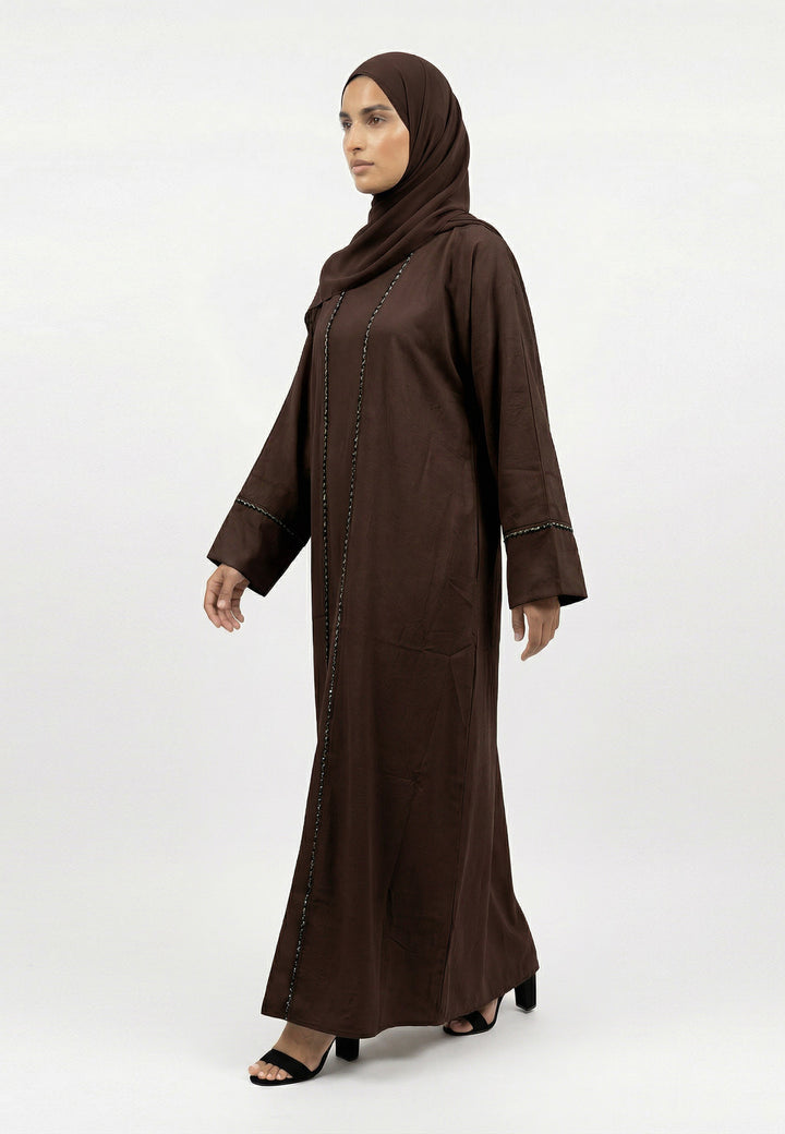 Mahogany Four-Piece Open Abaya Set With Dainty Detailing