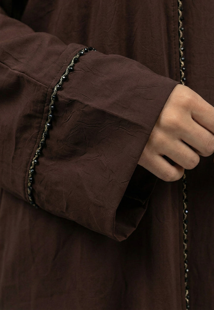 Mahogany Four-Piece Open Abaya Set With Dainty Detailing