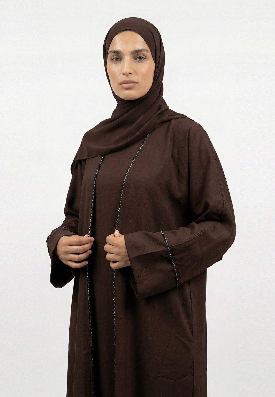 Mahogany Four-Piece Open Abaya Set With Dainty Detailing