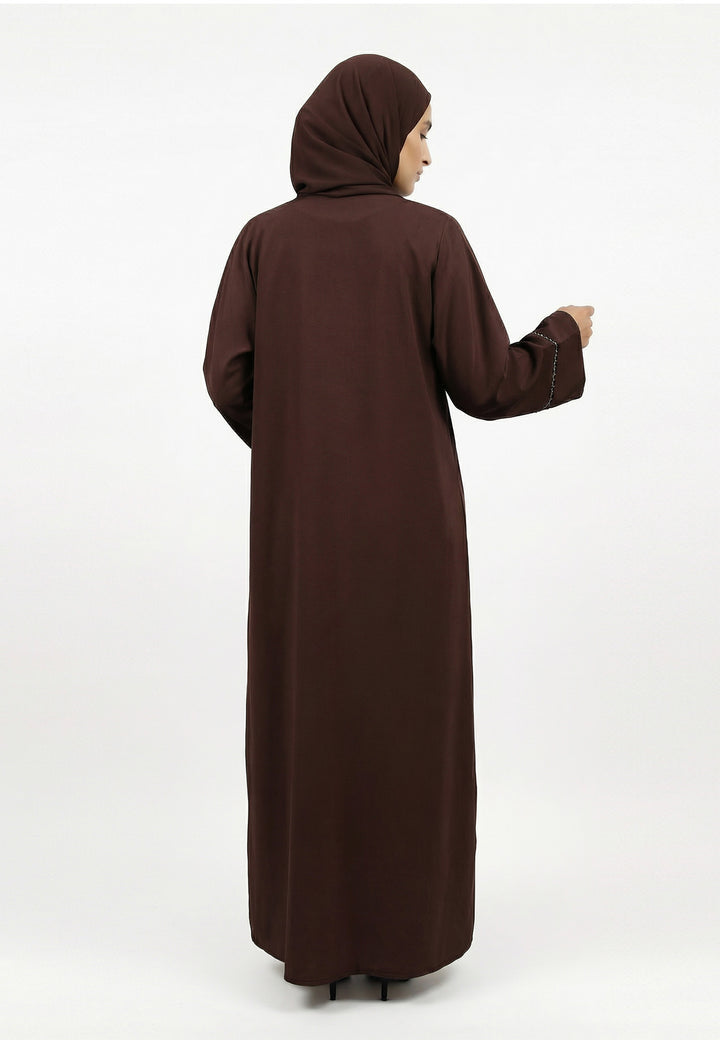 Mahogany Four-Piece Open Abaya Set With Dainty Detailing
