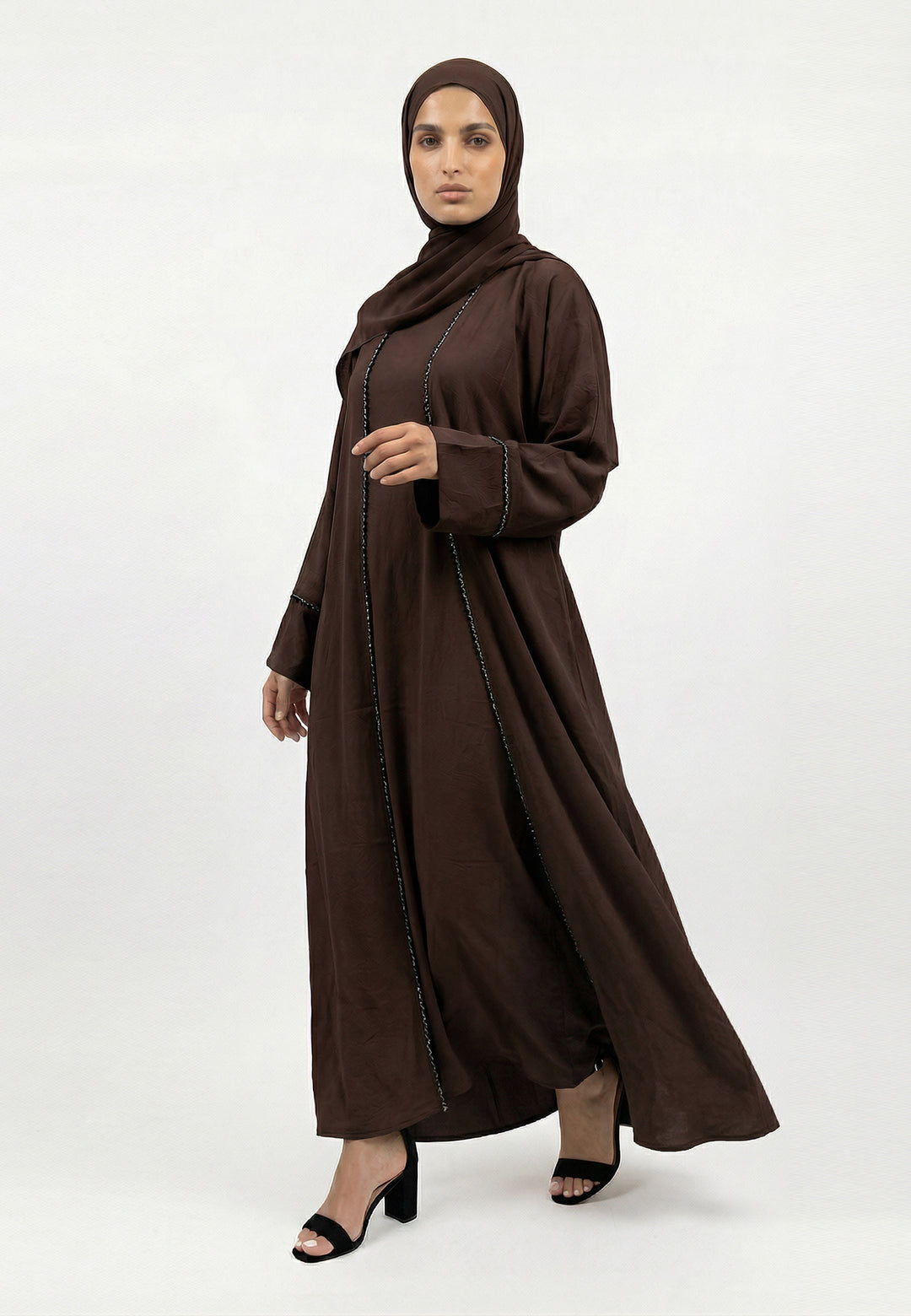 Mahogany Four-Piece Open Abaya Set With Dainty Detailing