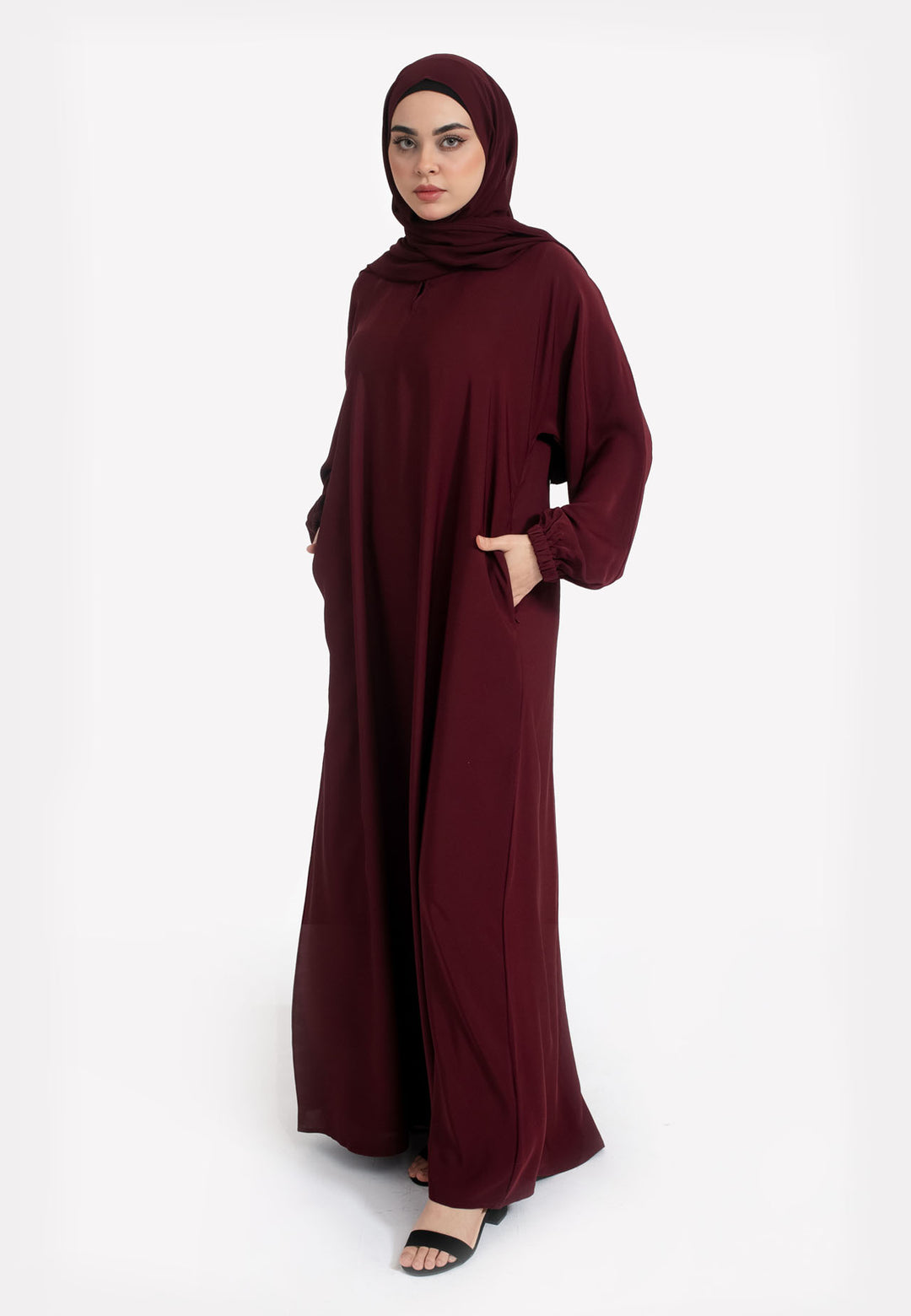 burgundy hijab dress Burgundy Closed Abaya with Zip Pockets & Cuff Sleeves 56