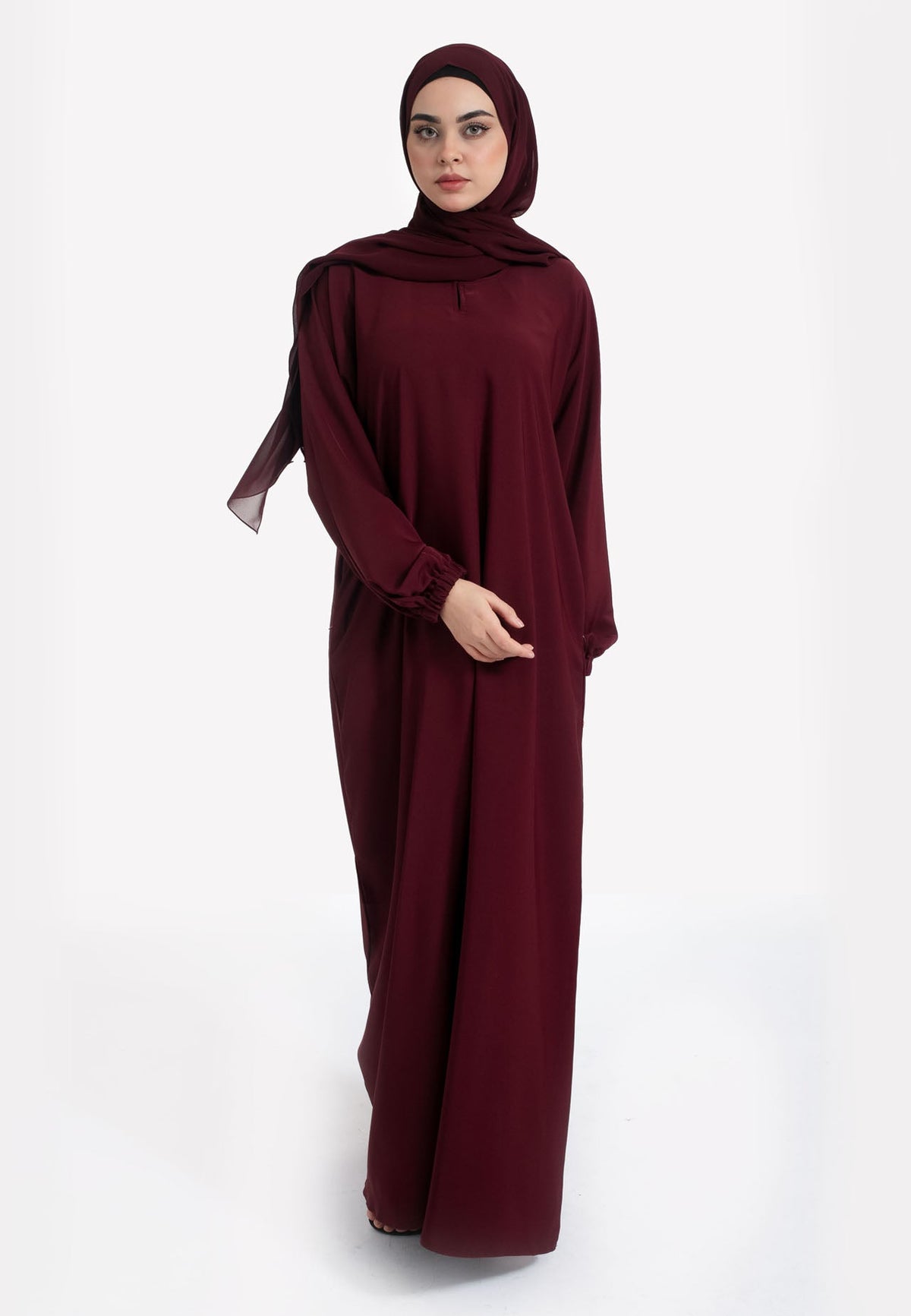 Burgundy Closed Abaya with Zip Pockets & Cuff Sleeves Hayah Al-Muslimah