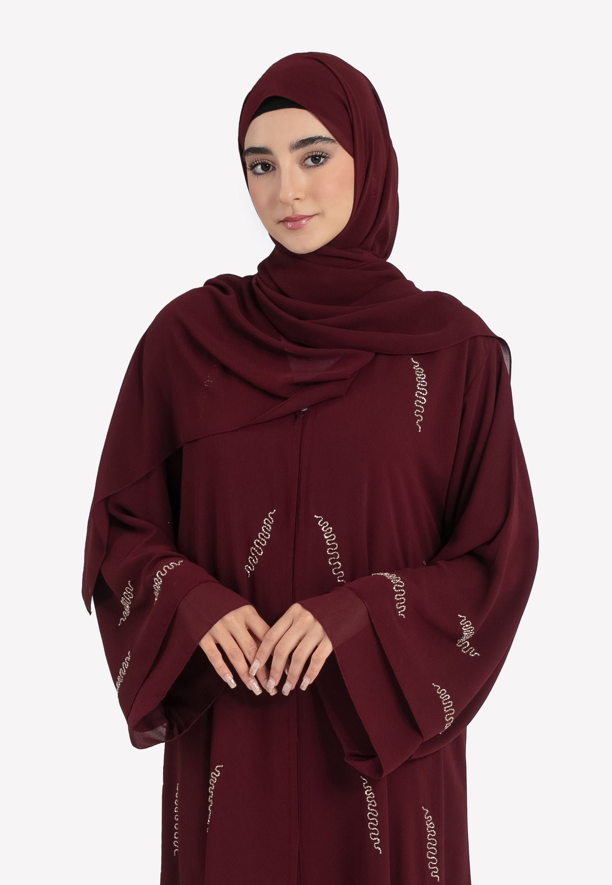 Burgundy Chiffon Embellished Abaya - Details