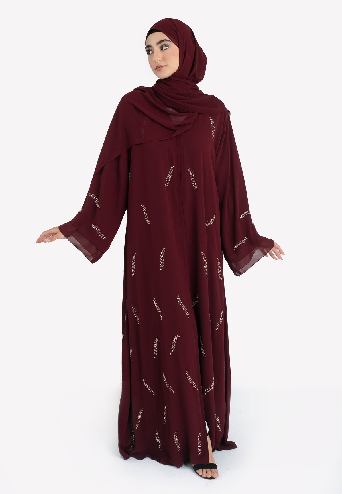 Burgundy Chiffon Embellished Abaya - Front