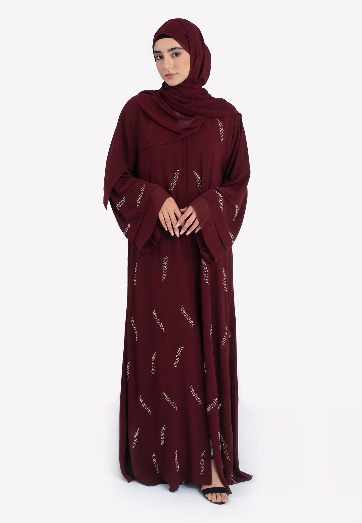 Burgundy Chiffon Embellished Abaya - Front