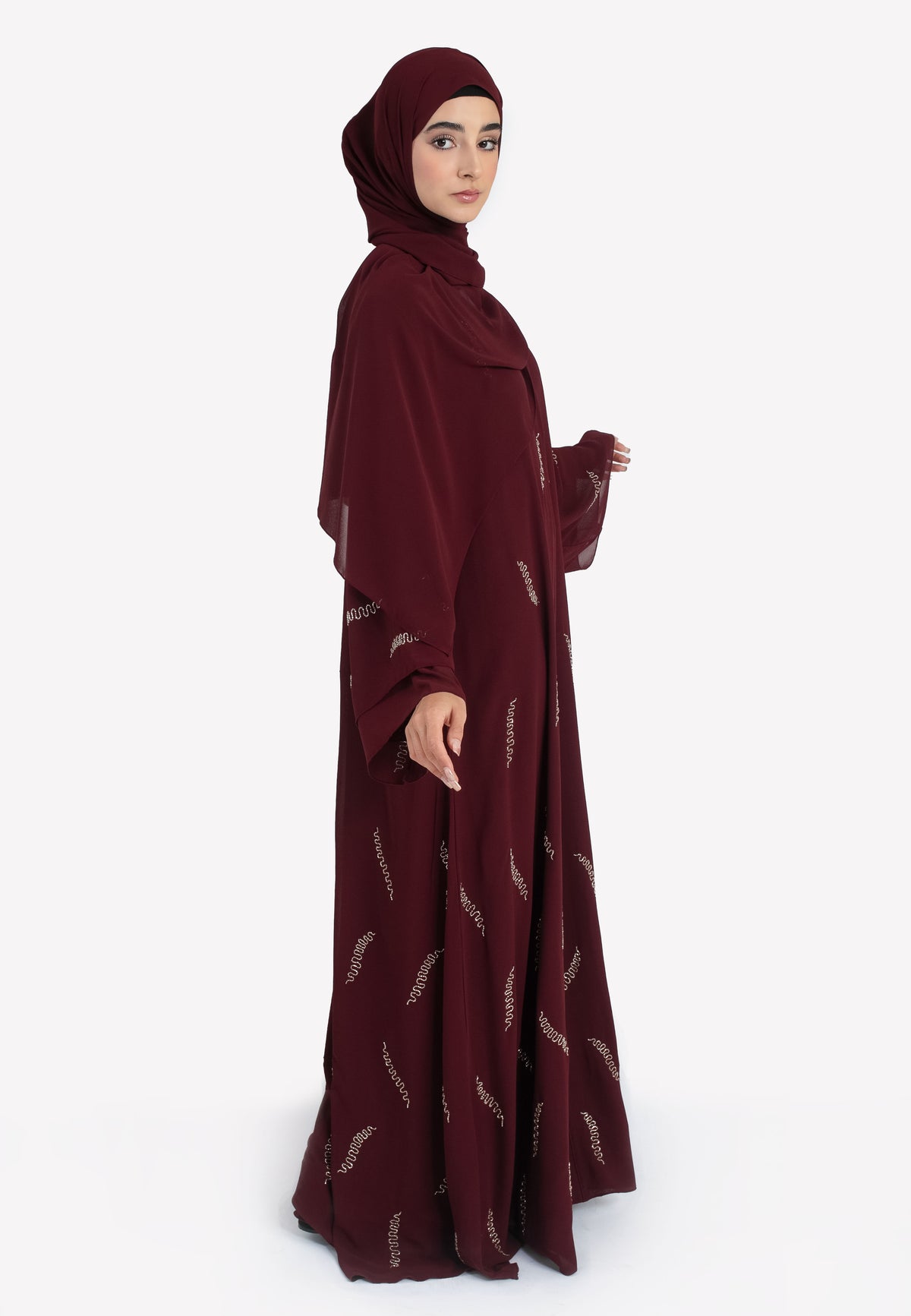 Burgundy Chiffon Embellished Abaya - Side