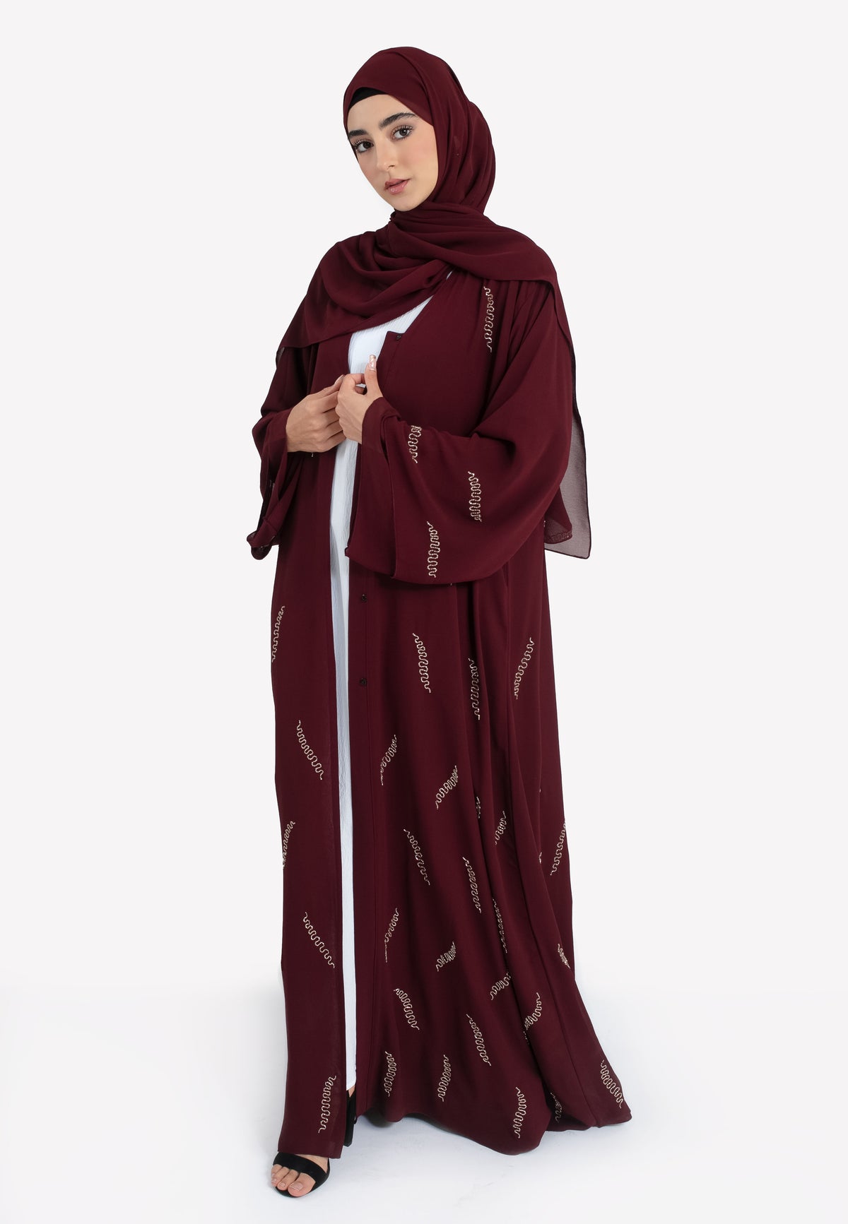 Burgundy Chiffon Embellished Open Abaya