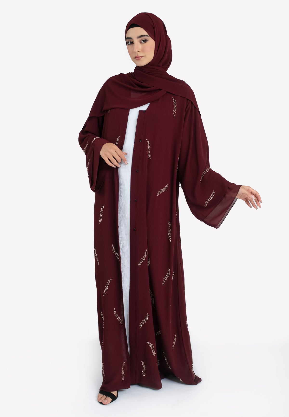 Burgundy Chiffon Embellished Abaya - Front