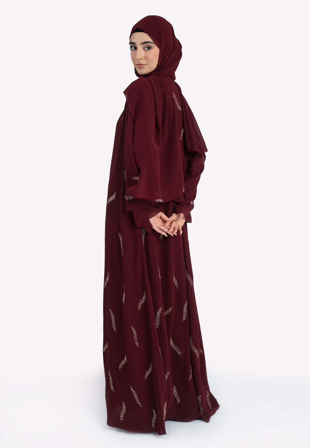 Burgundy Chiffon Embellished Abaya - Back