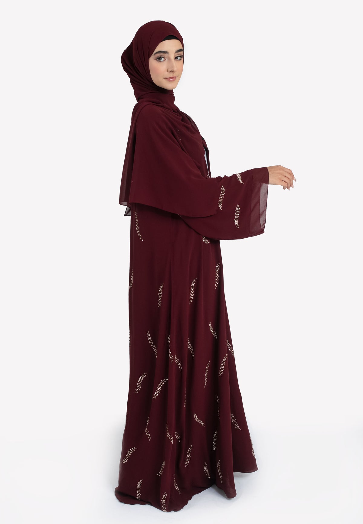 Burgundy Chiffon Embellished Abaya - Side
