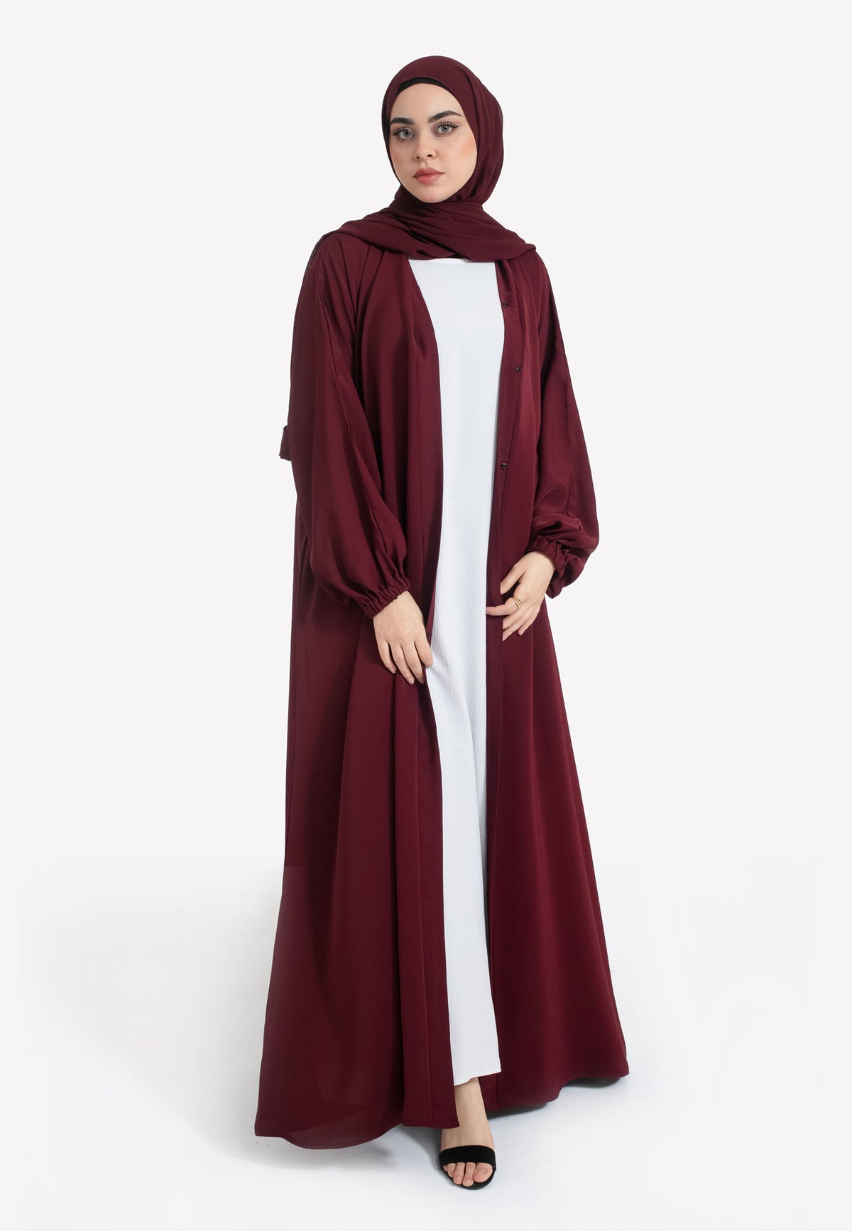 Burgundy Open Abaya with Cuffs
