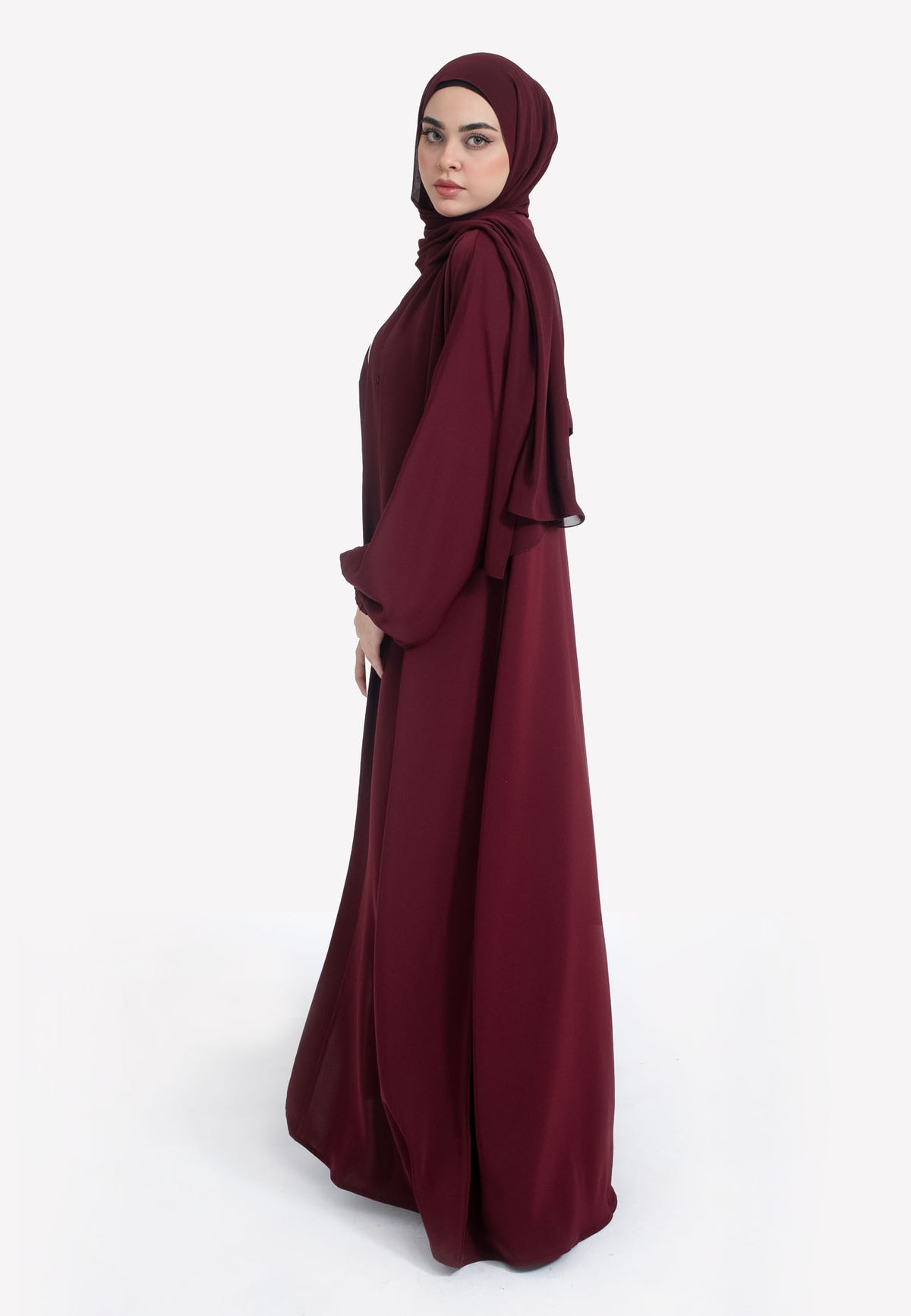 Burgundy Open Abaya with Cuffs - Side