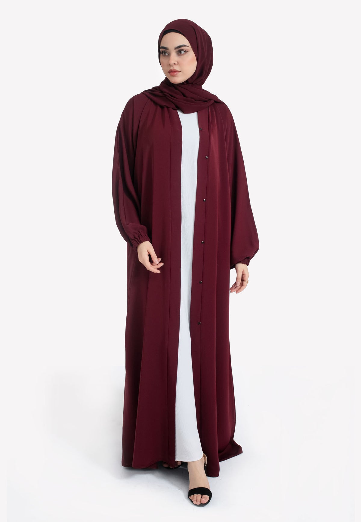 Burgundy Open Abaya with Cuffs - Front