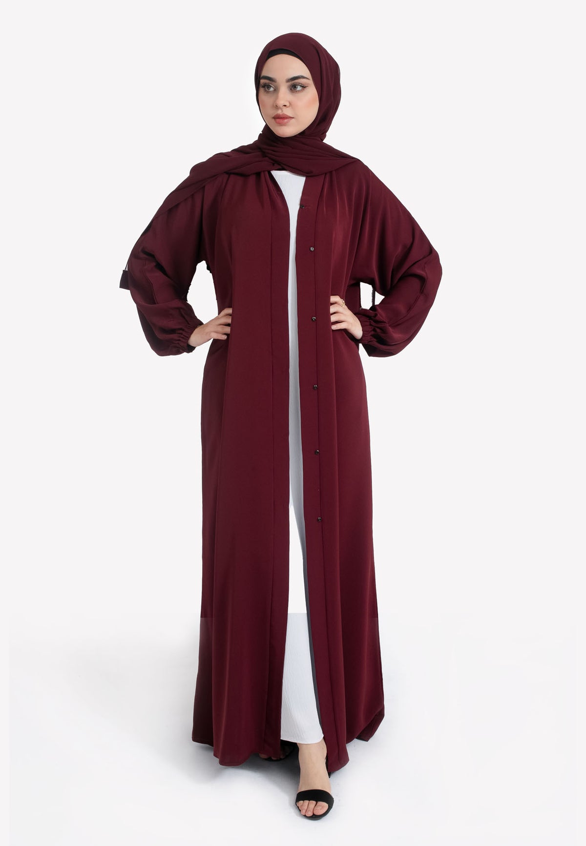 Burgundy Open Abaya with Cuffs - Front
