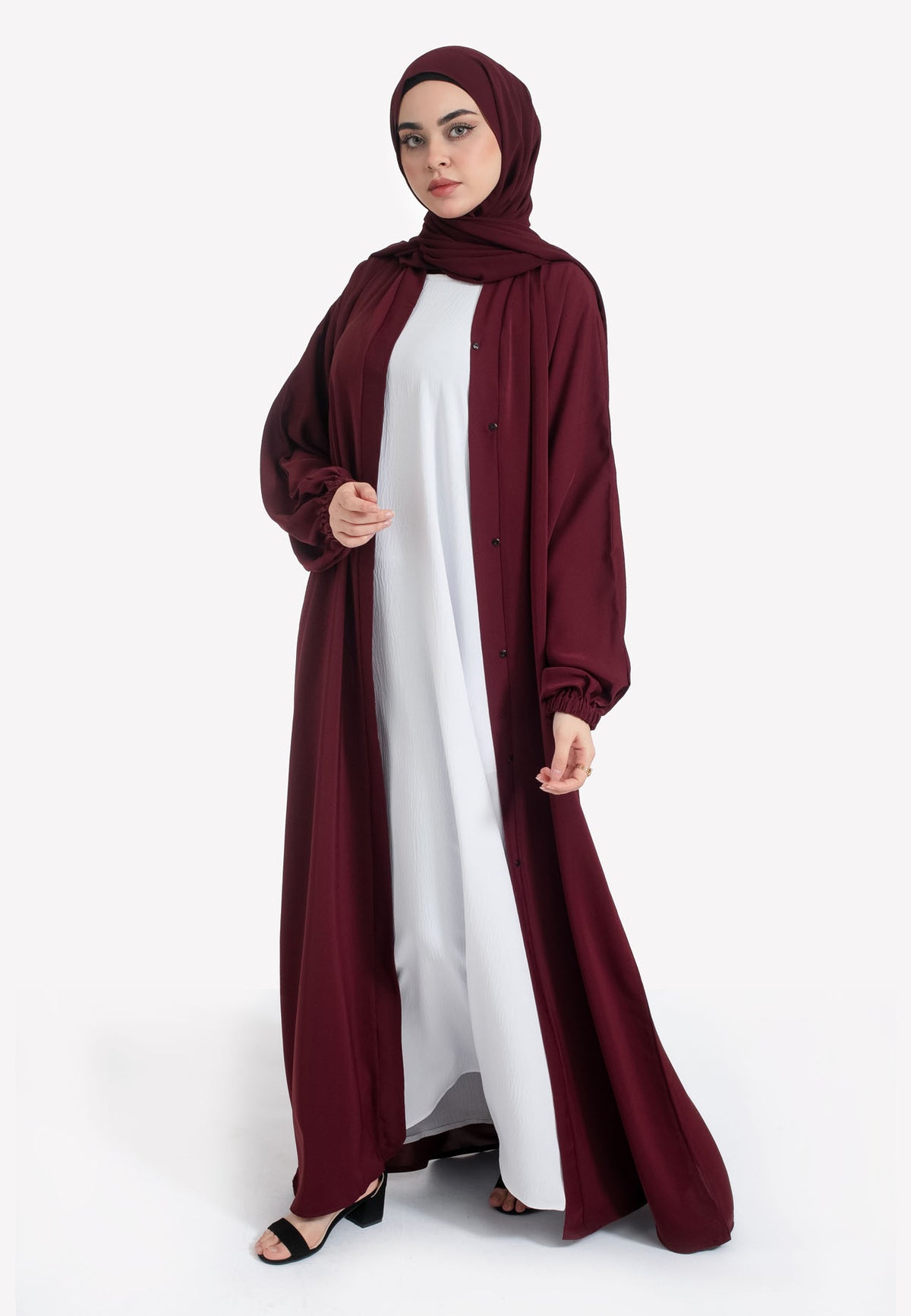 Burgundy Open Abaya with Cuffs - Front