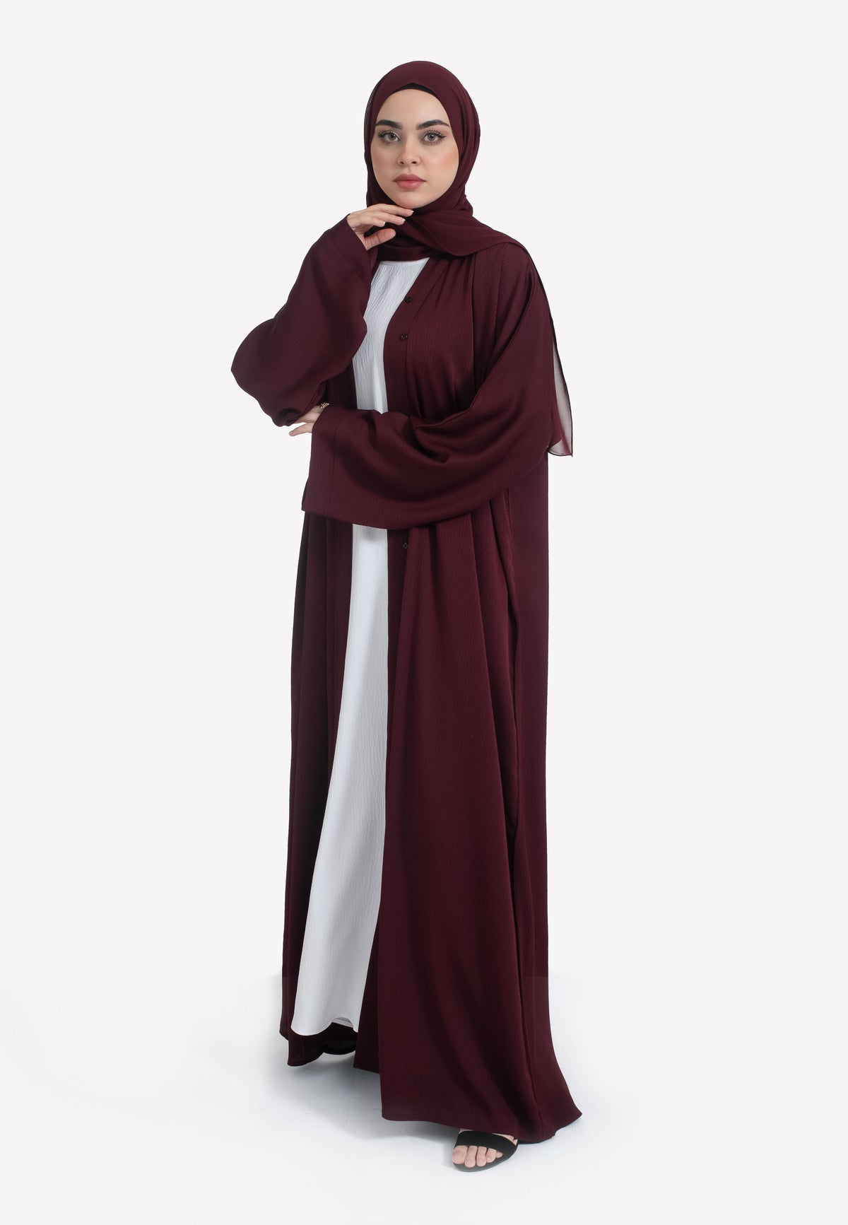 Burgundy Textured Open Abaya