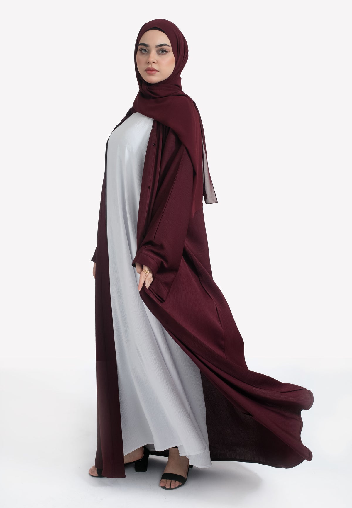 Burgundy Textured Open Abaya