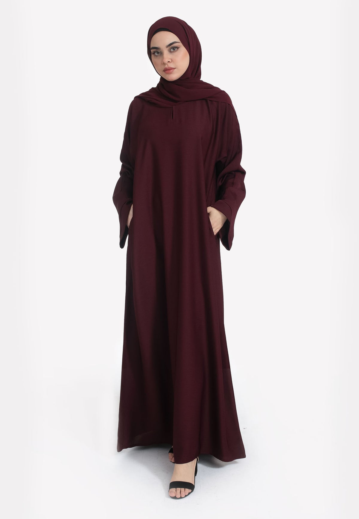 Burgundy Textured Abaya With Zip Pockets