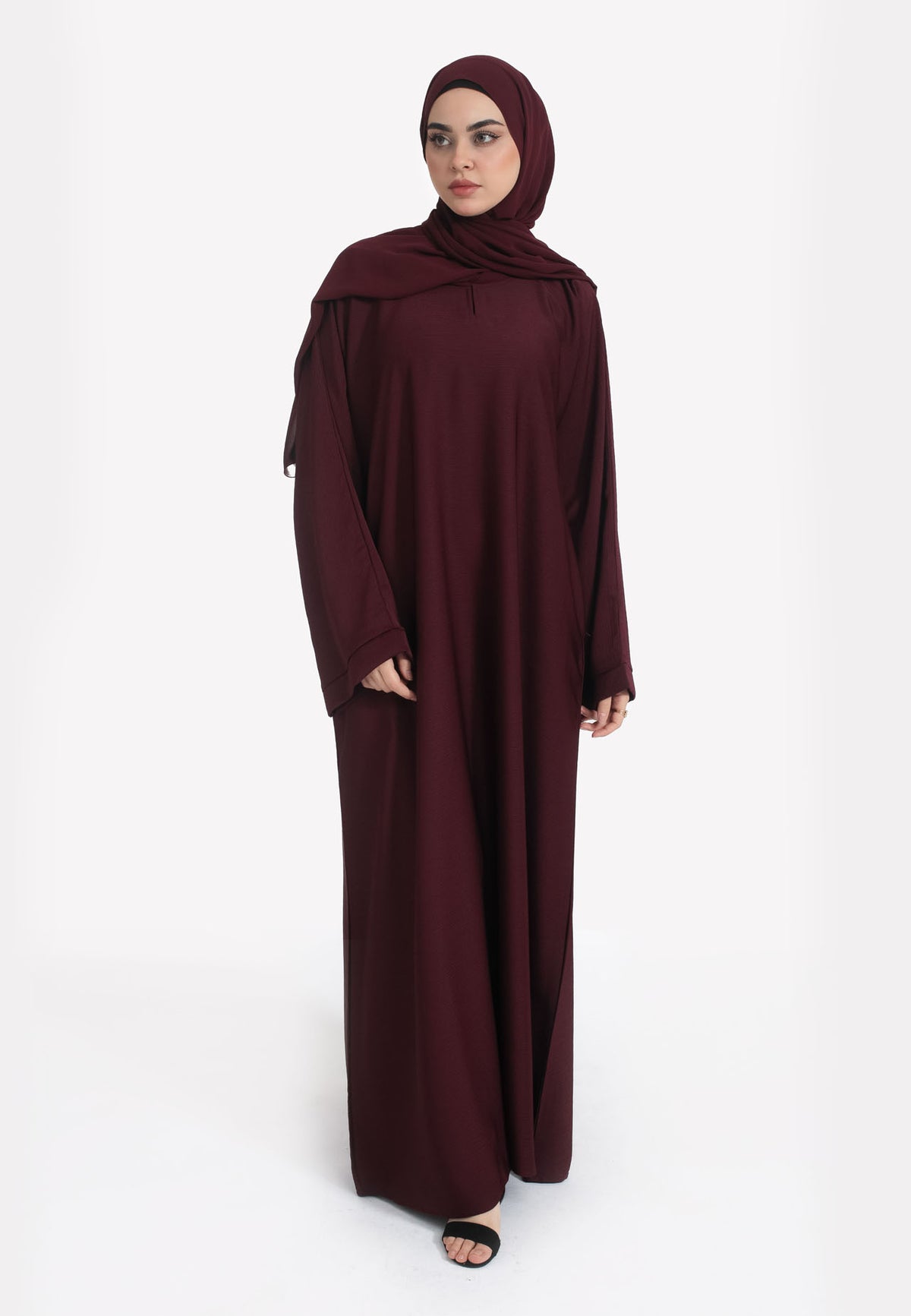 Burgundy Textured Abaya With Zip Pockets