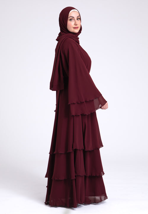 Luxury Burgundy 3 Layered Open Abaya with Inner Dress