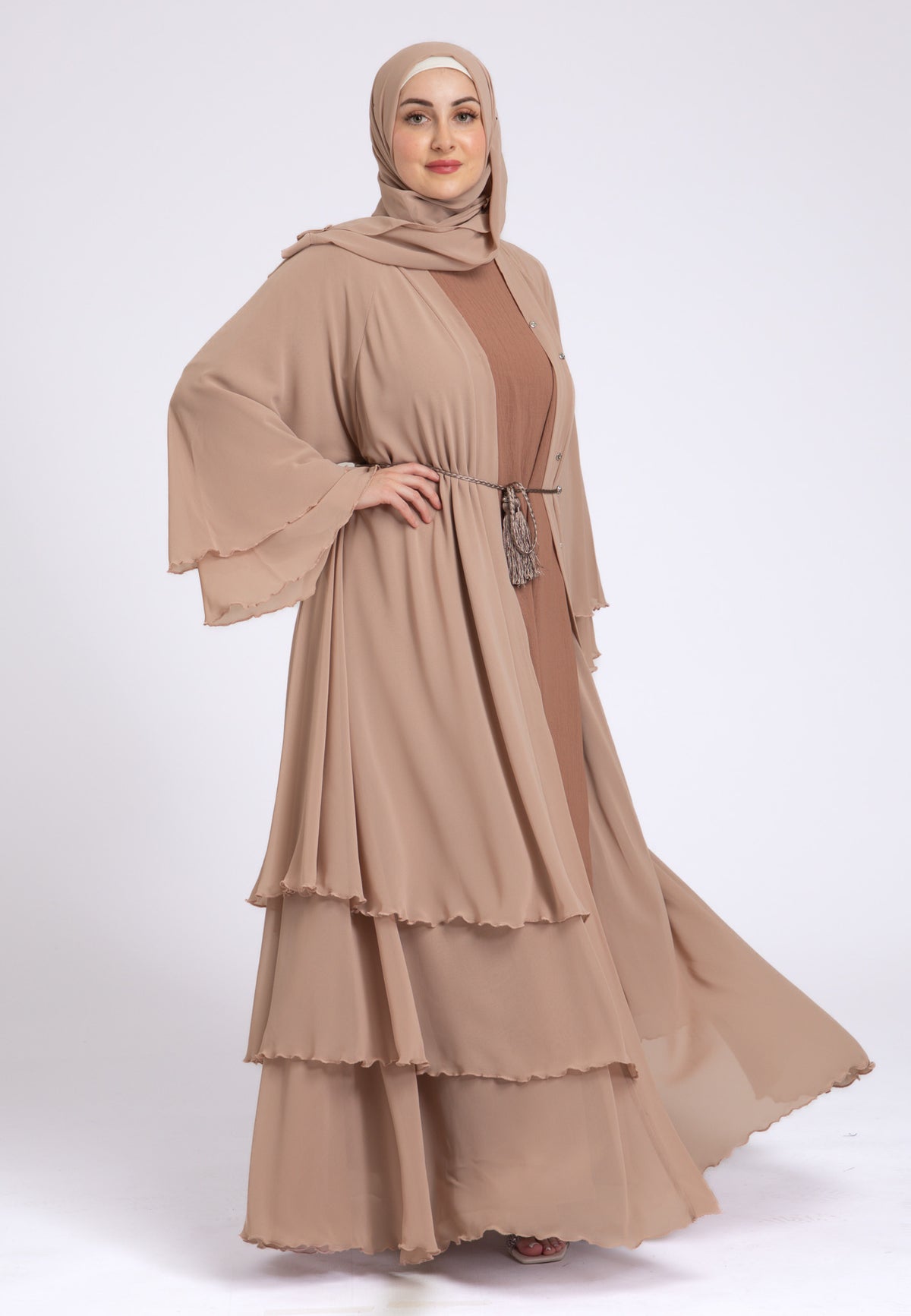 Butterscotch Beige 3 Layered Open Abaya