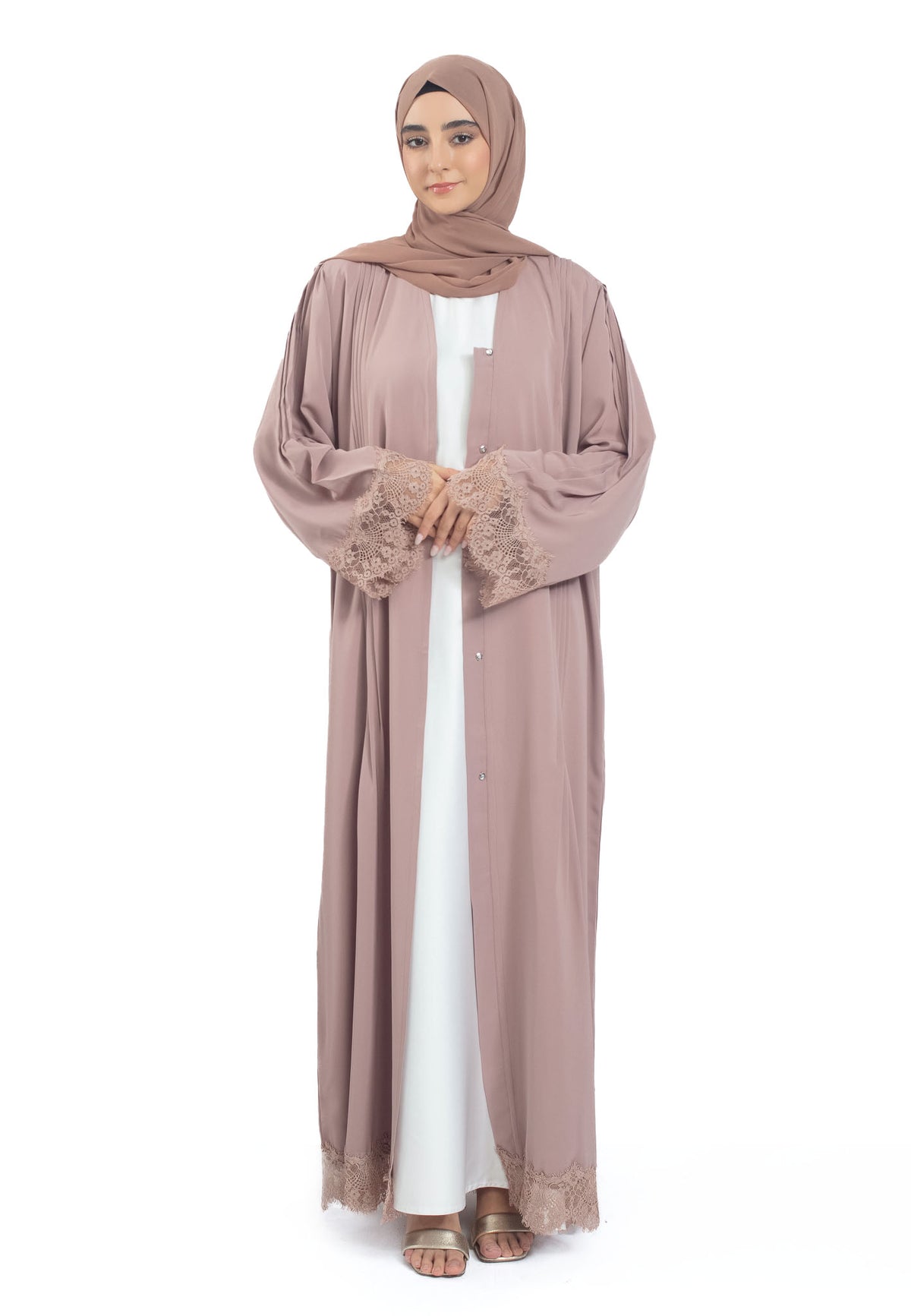 Mocha Open Abaya with Lace Detailing