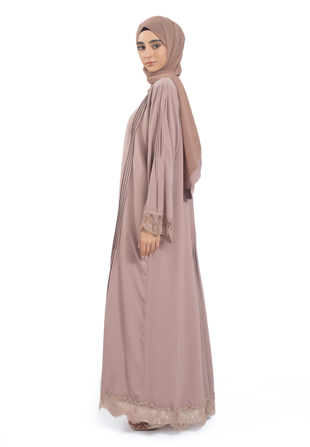 Mocha Open Abaya with Lace Detailing