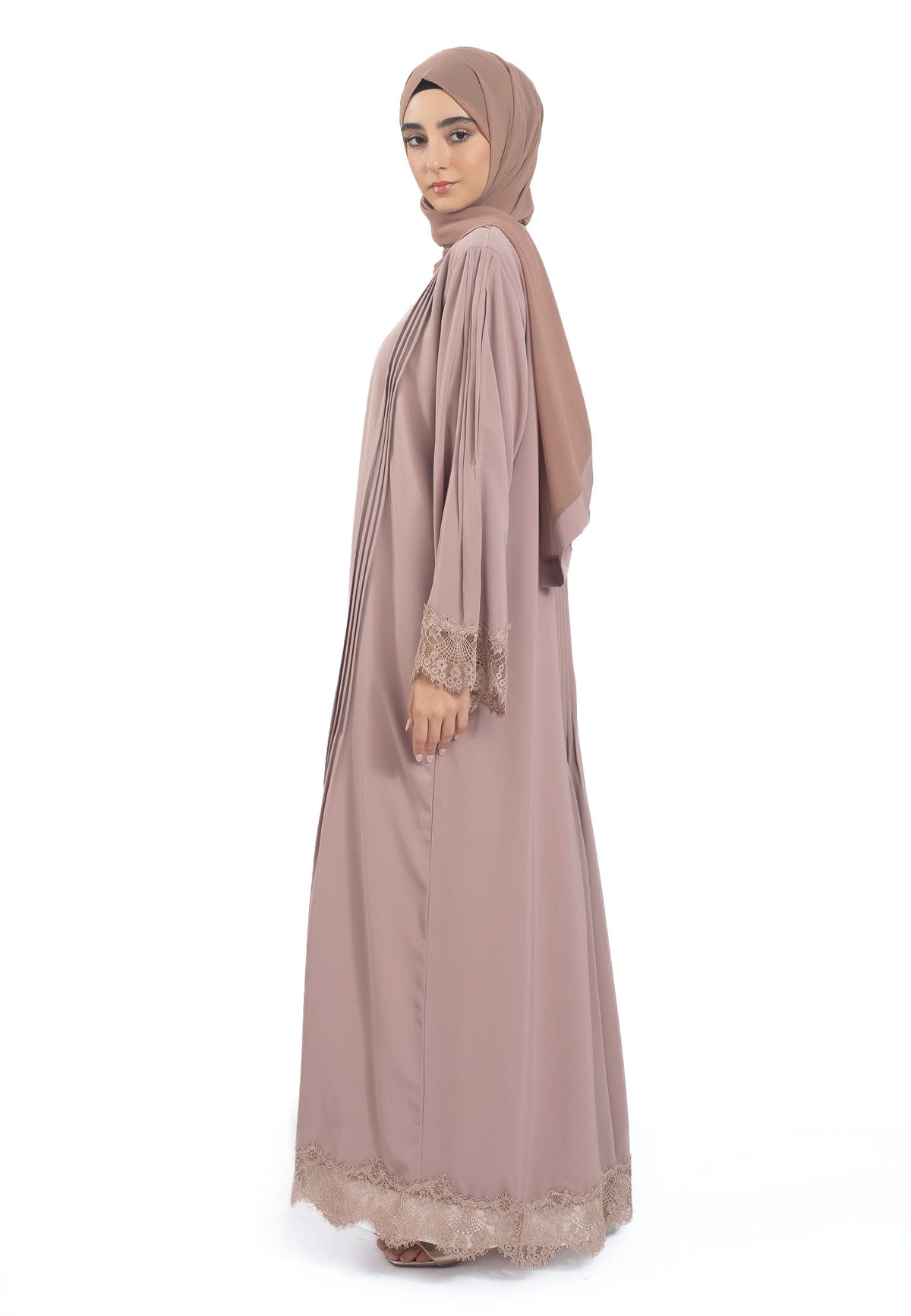 Mocha Open Abaya with Lace Detailing