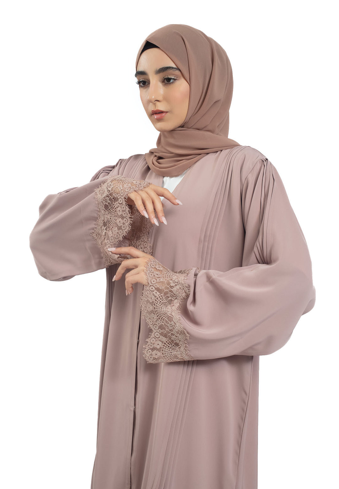 Mocha Open Abaya with Lace Detailing