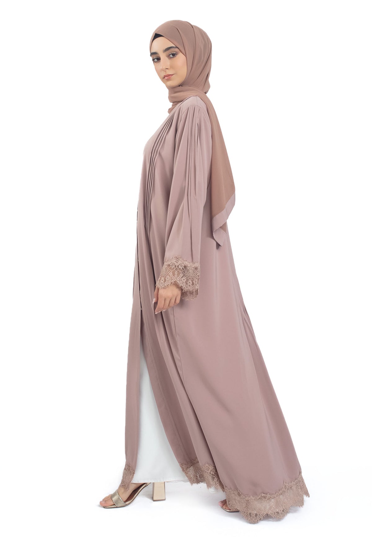 Mocha Open Abaya with Lace Detailing