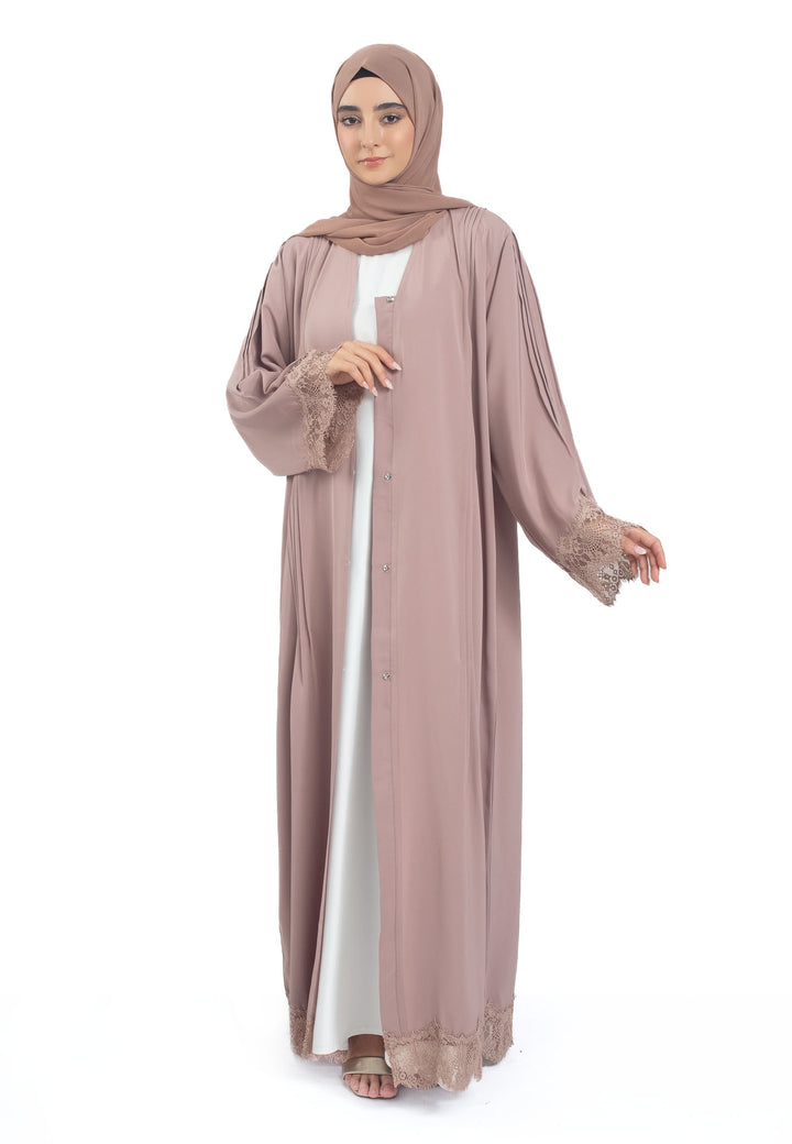 Mocha Open Abaya with Lace Detailing