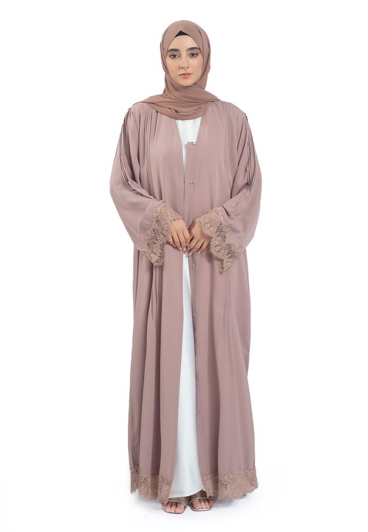 Mocha Open Abaya with Lace Detailing