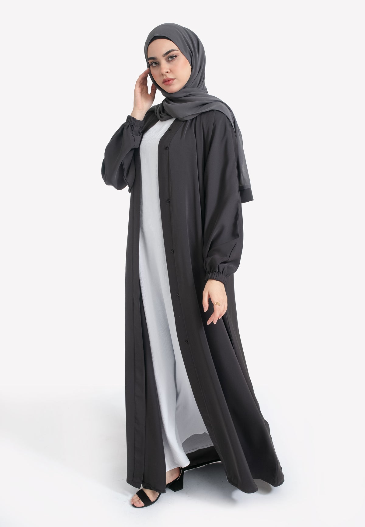 Charcoal Grey Open Abaya with Cuffs