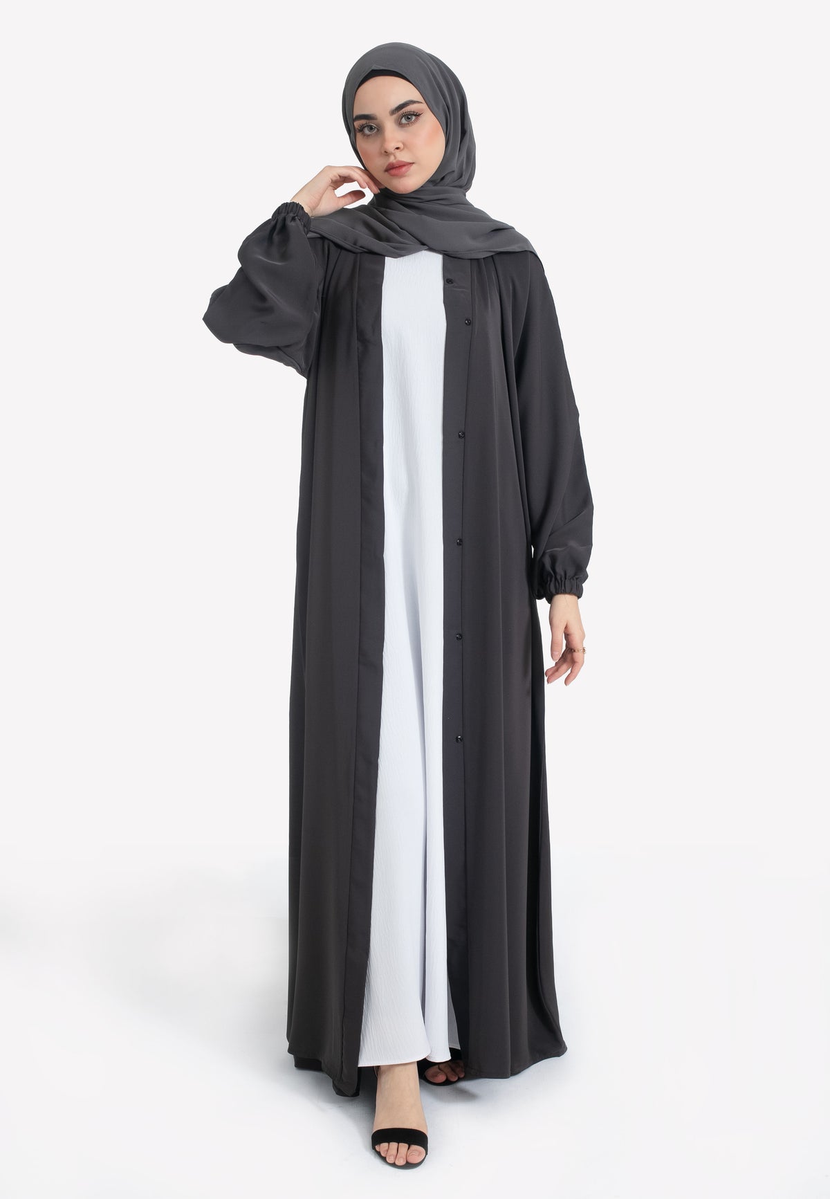 Charcoal Grey Open Abaya with Cuffs