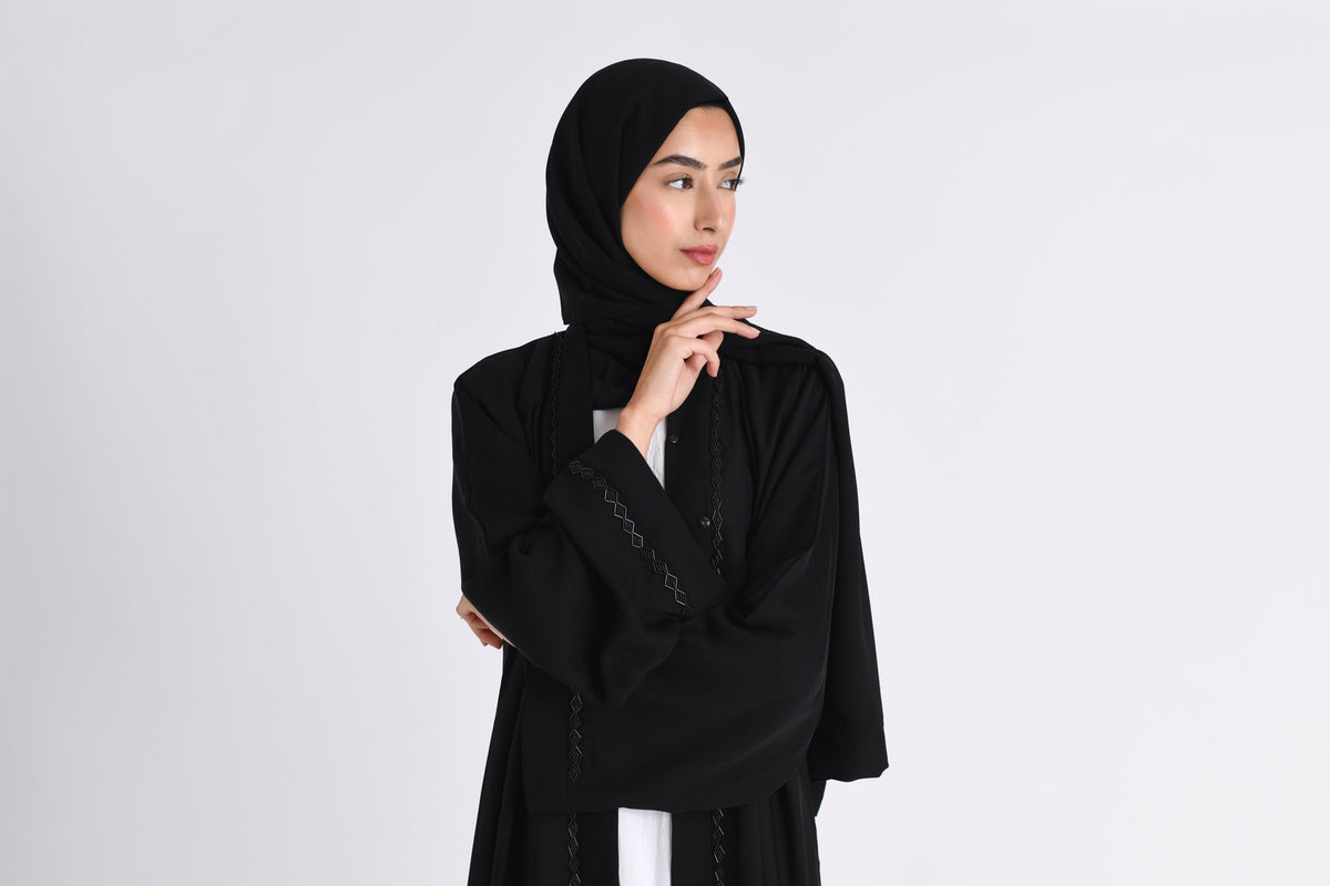 Classic Black Embellished Open Abaya