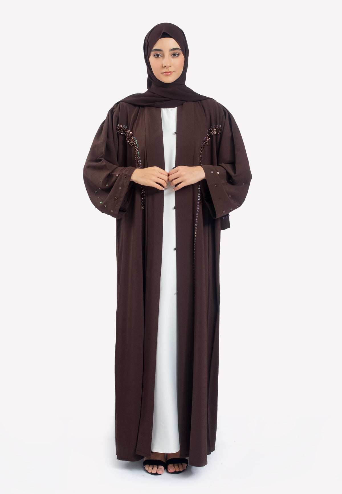 Front Open - Cocoa Crepe Open Abaya with Embellishments