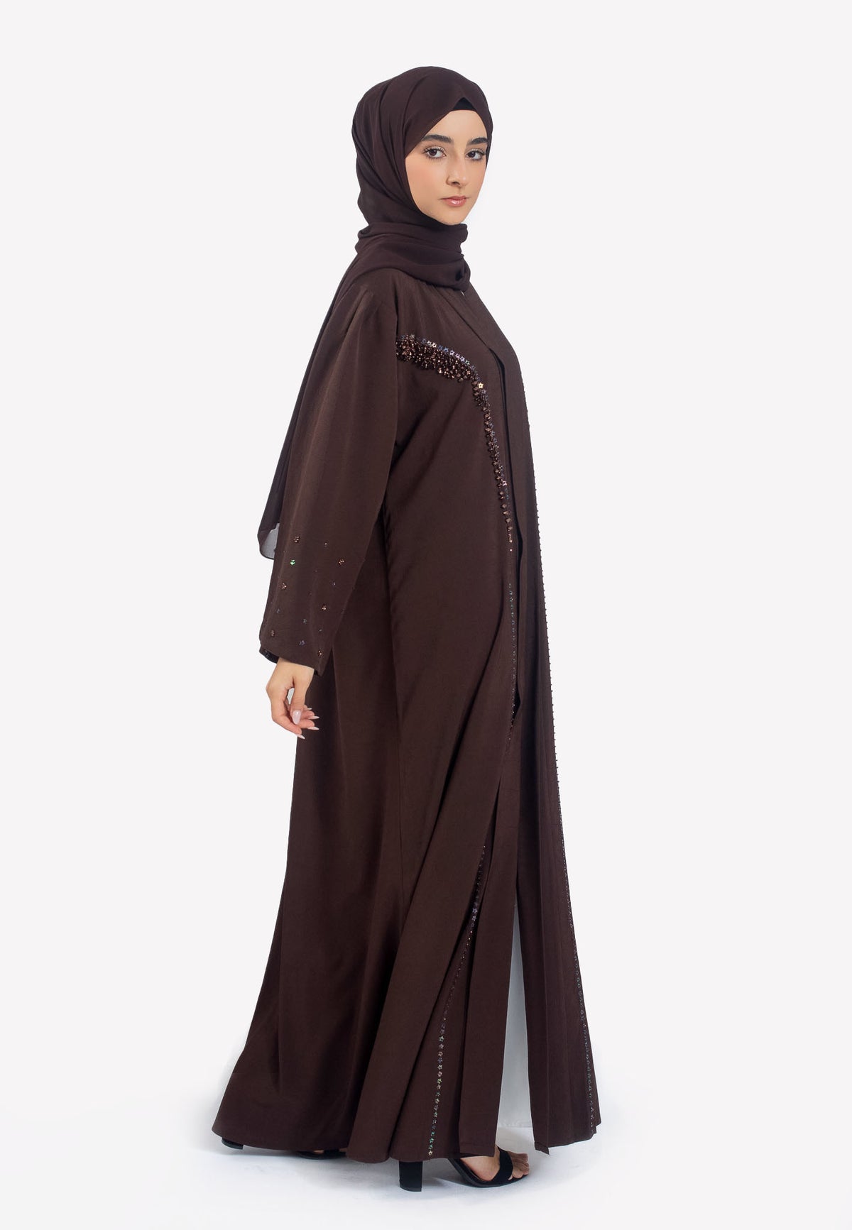 Cocoa Crepe Open Abaya with Embellishments