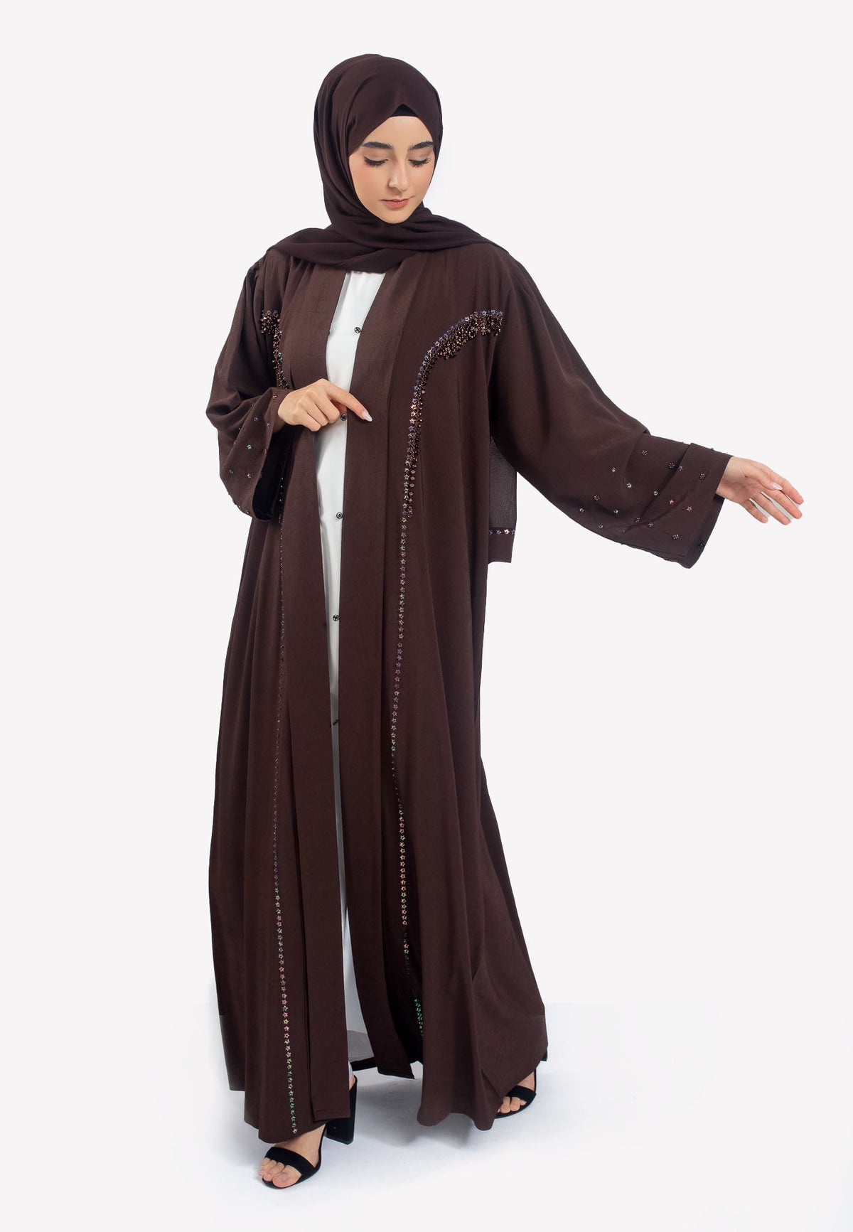 Front - Cocoa Crepe Open Abaya with Embellishments